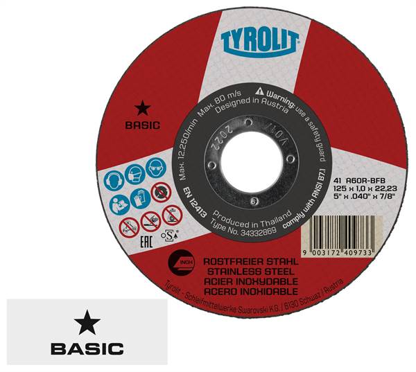 Disc de tăiere oțel "super subțire" 41, 125x1,0x22,23 mm drept A60R-BFB INOX TYROLIT, Z34332869