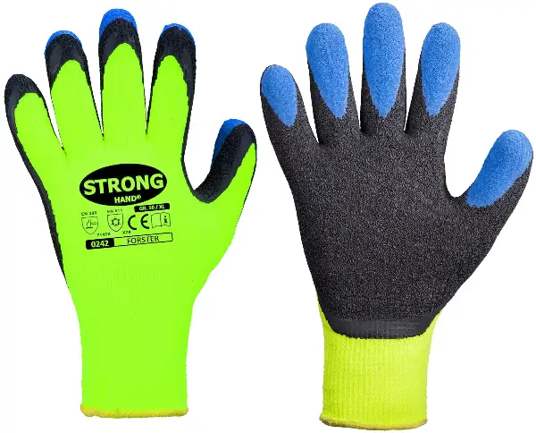 Handschuh Schrumpf-Latex FORSTER STRONGHAND® neongelb/schwarz/blau Gr. 9 VPE120, Z024209
