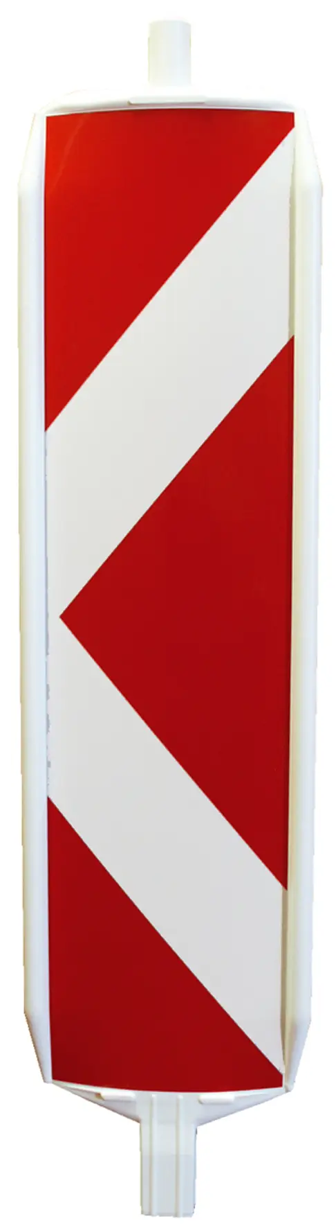 Baliză direcţională standard, dreapta / stânga, în formă de săgeată, roşu-albă, tip 1, cu picior, 60/60mm, UA72, Z25487RLPOES