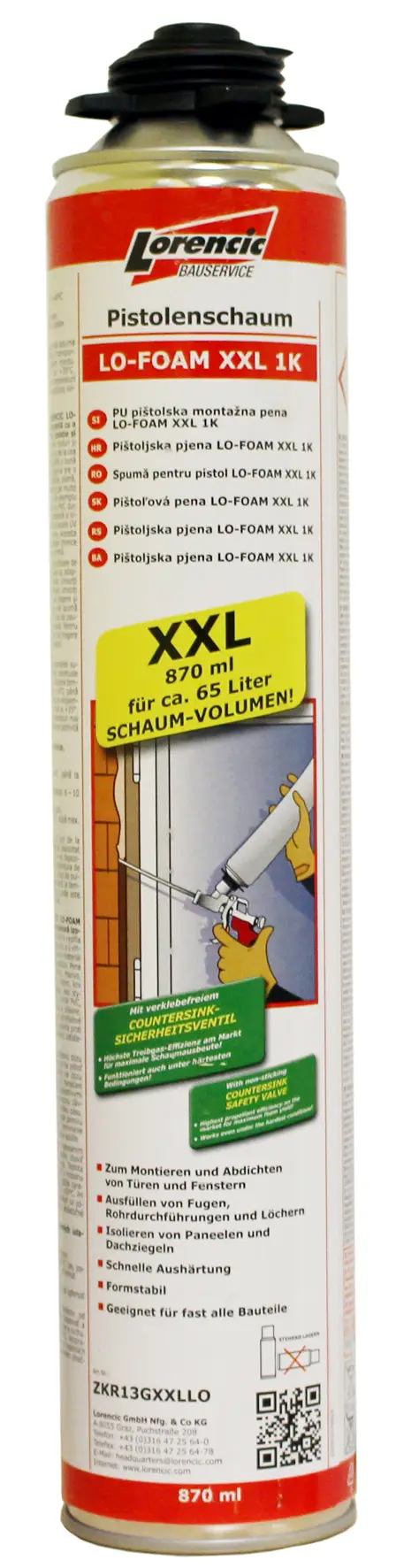 =§= Spumă LO-FOAM XXL 1K pentru aplicare cu pistolul, 870ml, 12 bucăţi/cutie, 70 cutii/palet, ZKR13GXXLLO