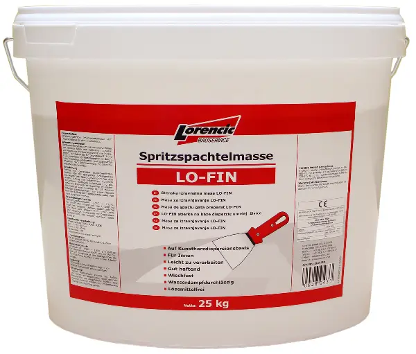 Masă de şpaclu LO-FIN, gata preparată, aplicabilă prin stropire, bază: dispersie de răşini sintetice, 25kg, 24 găl/pal,...